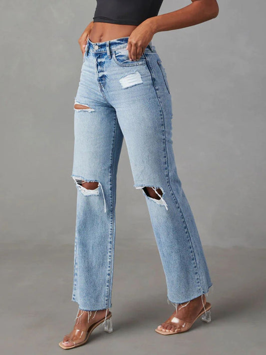 Distressed Straight Leg Jeans with Pockets S-2XL