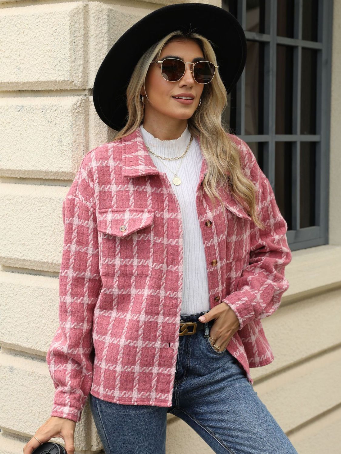 Plaid Collared Neck Long Sleeve Jacket S-XL