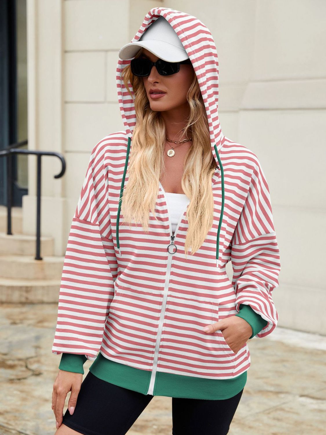Drawstring Striped Zip Up Long Sleeve Hoodie S-2XL