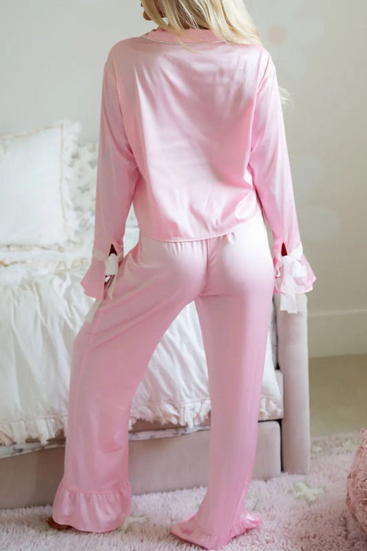 Collared Neck Long Sleeve Top and Pants Lounge Set S-XL
