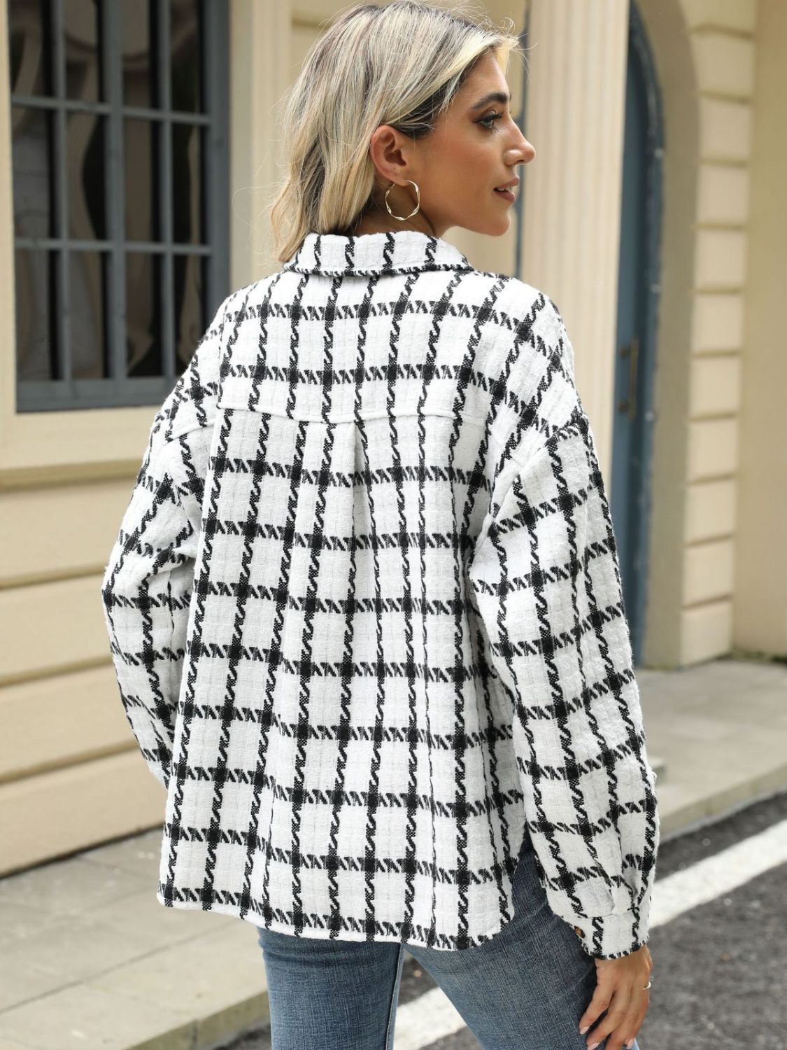Plaid Collared Neck Long Sleeve Jacket S-XL