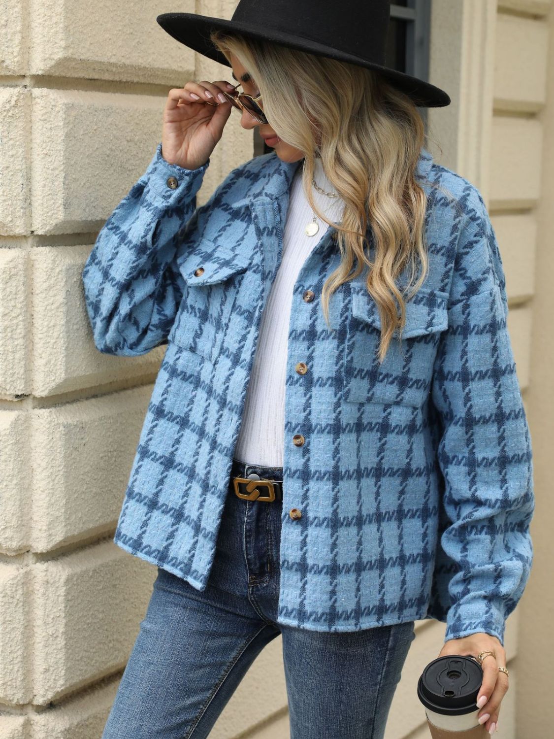 Plaid Collared Neck Long Sleeve Jacket S-XL