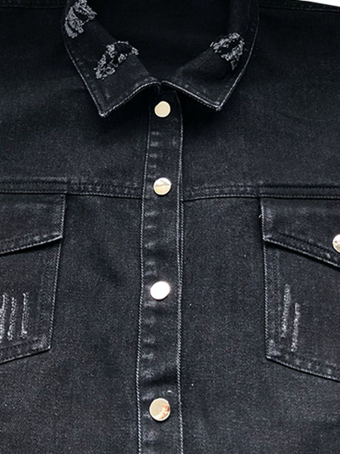 Raw Hem Collared Neck Long Sleeve Denim Jacket S-XL