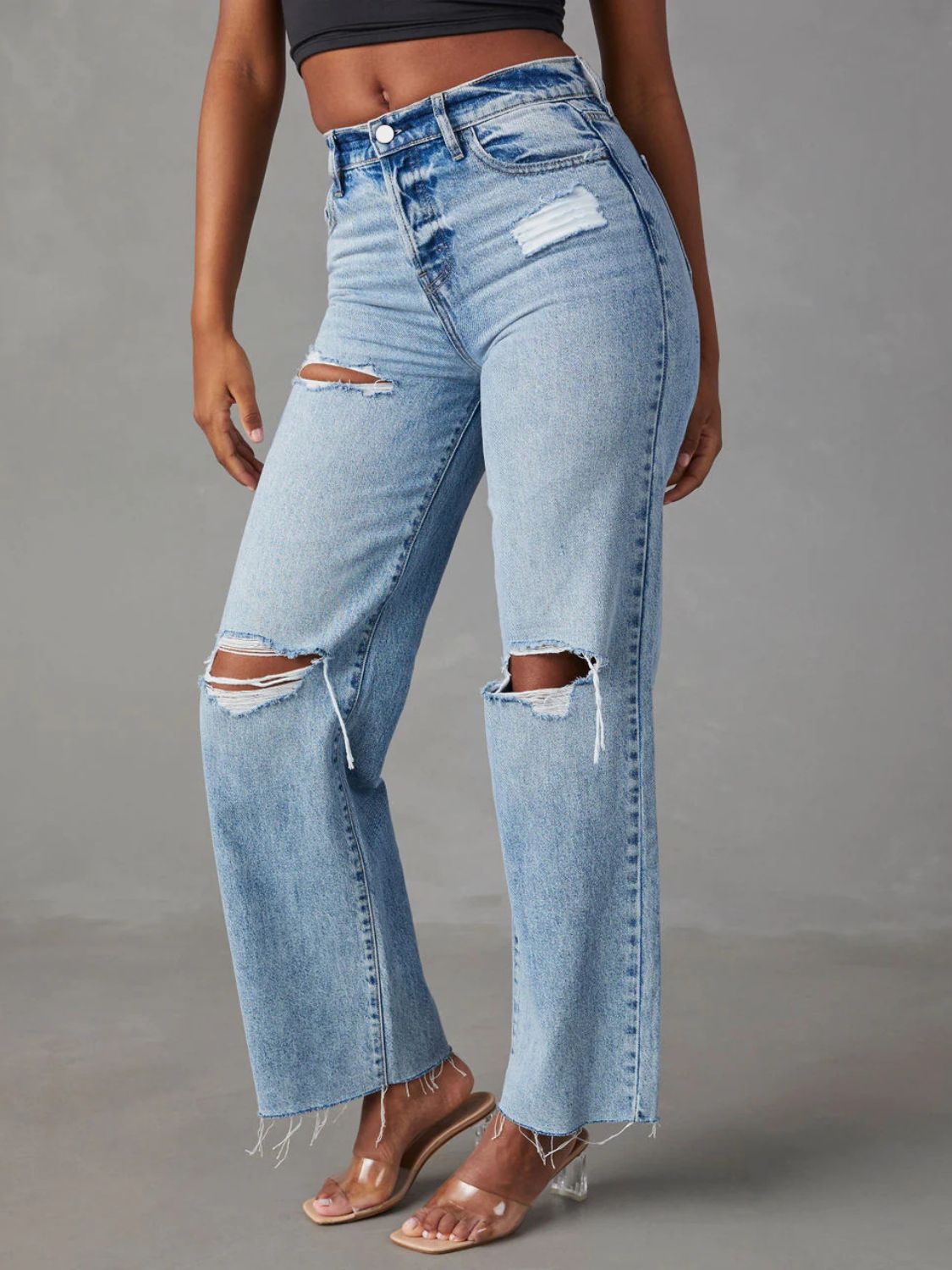 Distressed Straight Leg Jeans with Pockets S-2XL