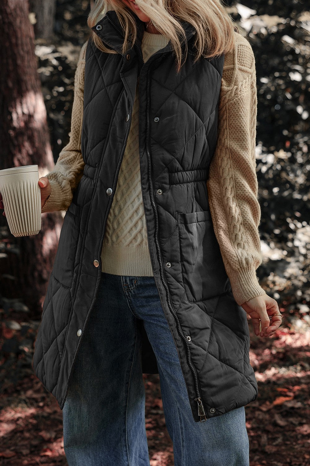 Pocketed Zipper and Button Vest Coat S-XL