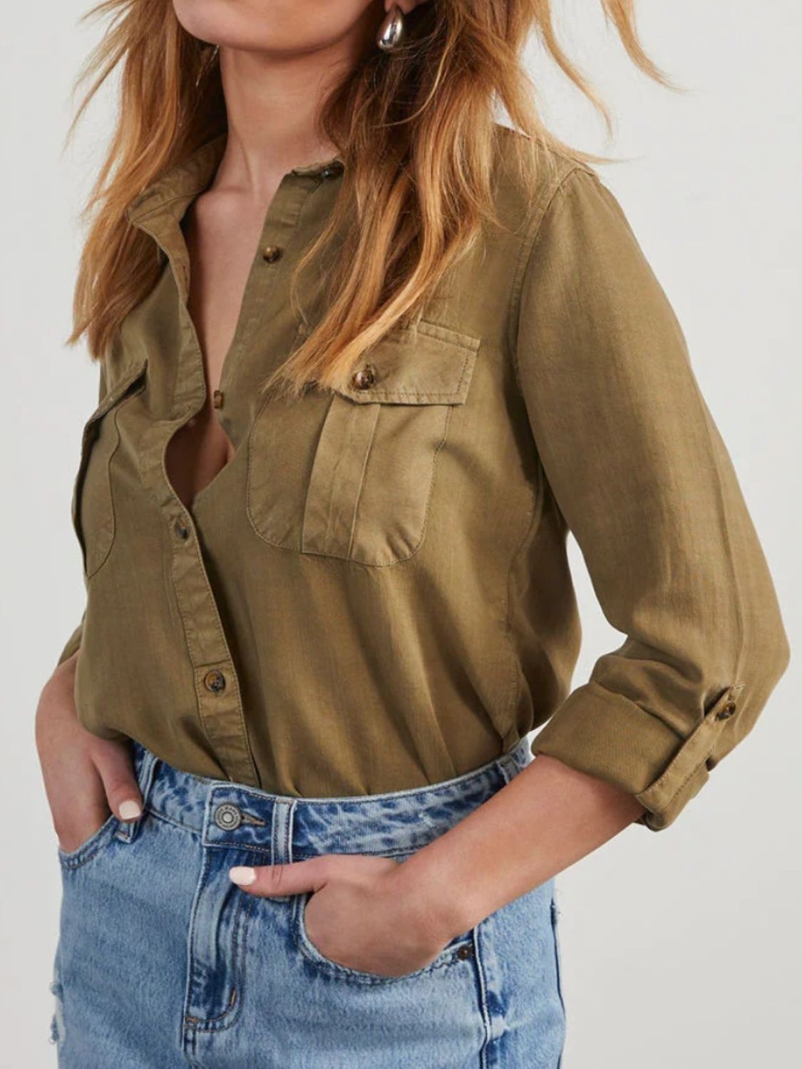 Collared Neck Roll-Tab Sleeve Denim Top S-2XL