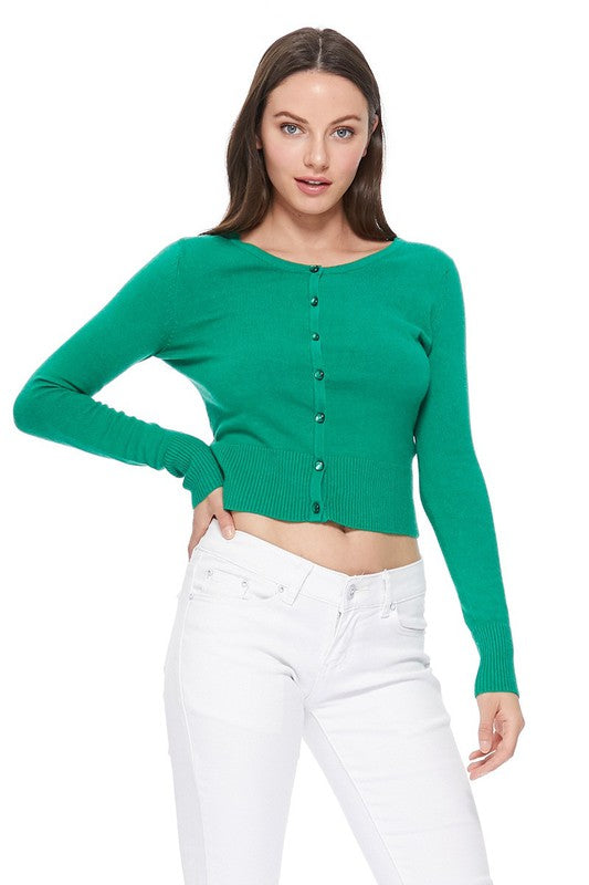 Gem Button Crew Neck Long Sleeve Sweater Cardigan Sizes S-XL