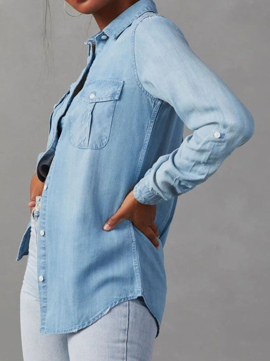Collared Neck Roll-Tab Sleeve Denim Top S-2XL
