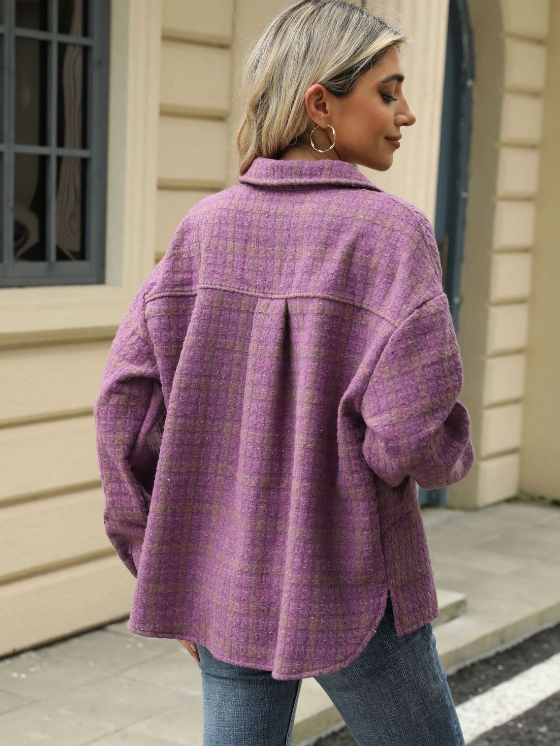 Plaid Collared Neck Long Sleeve Jacket S-XL