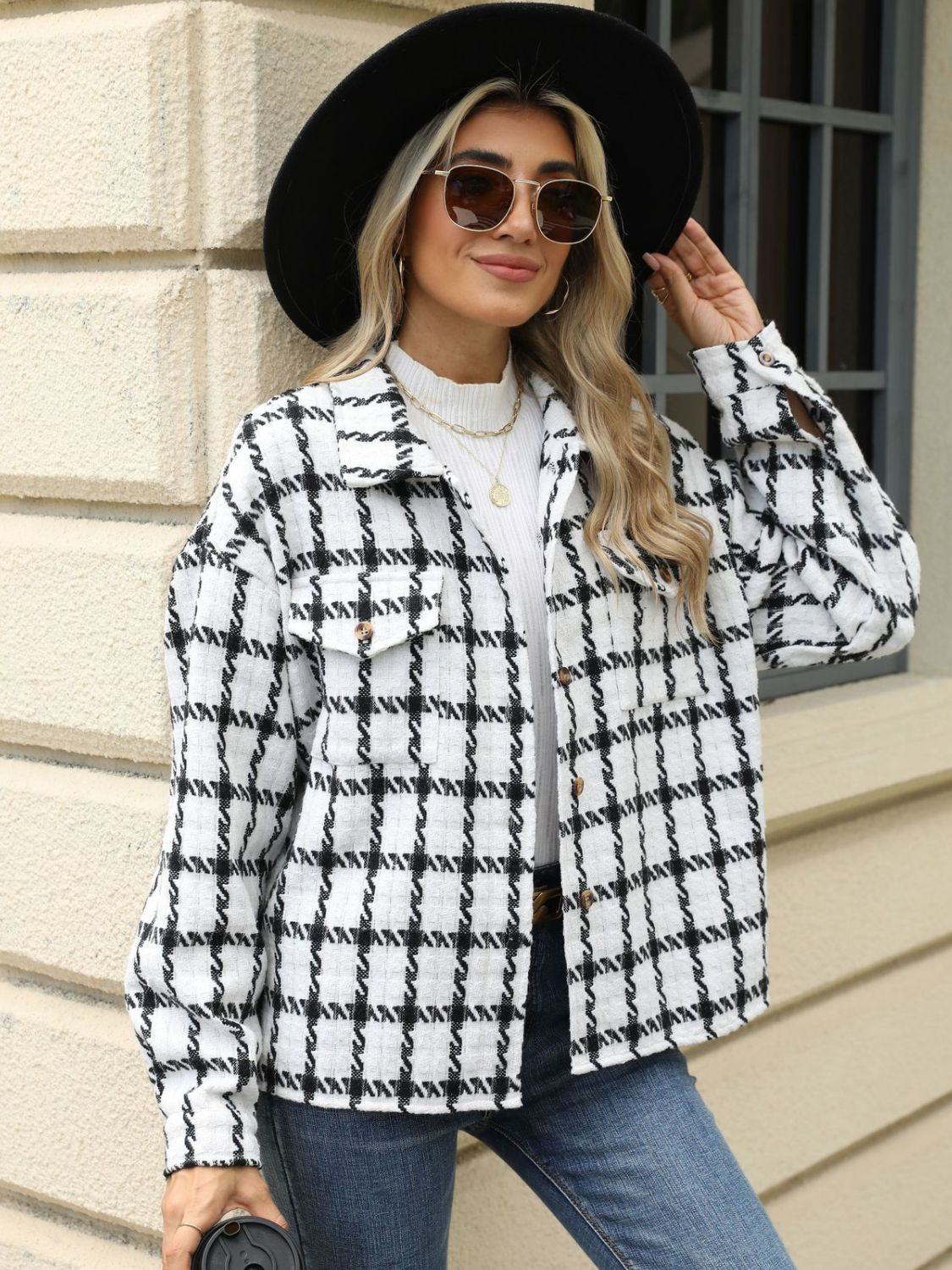 Plaid Collared Neck Long Sleeve Jacket S-XL