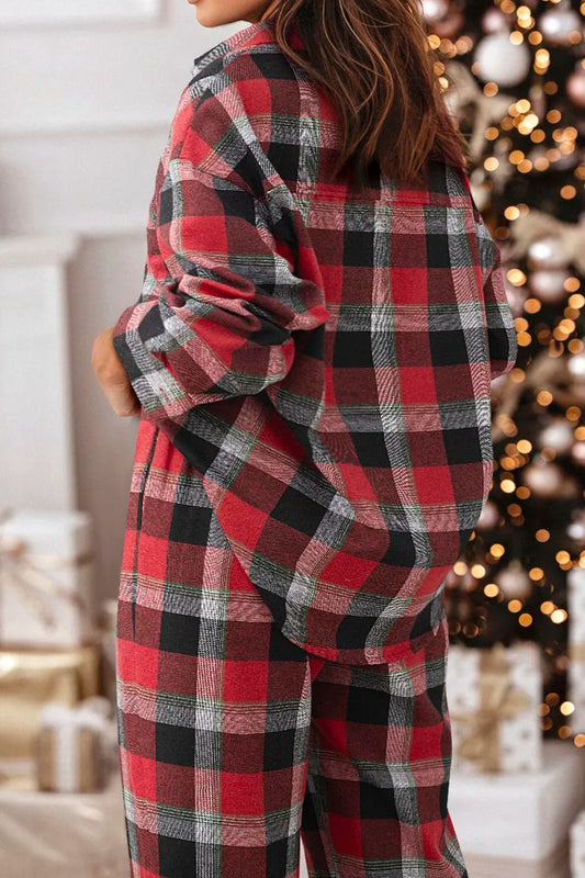 Plaid Long Sleeve Top and Pants Lounge Set S-XL