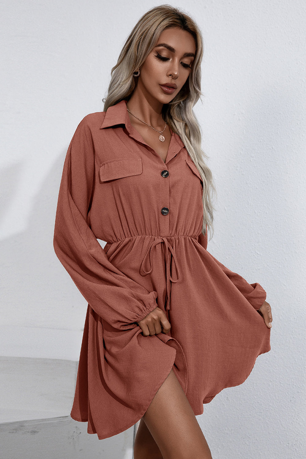 Ivy Lane Collared Tie Waist Button Up Shirt Dress S-XL