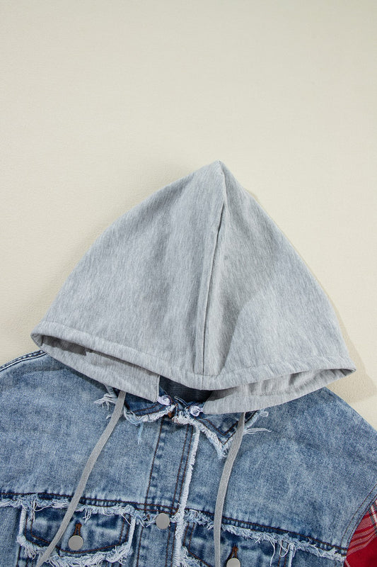 Raw Hem Drawstring Plaid Denim Jacket S-XL