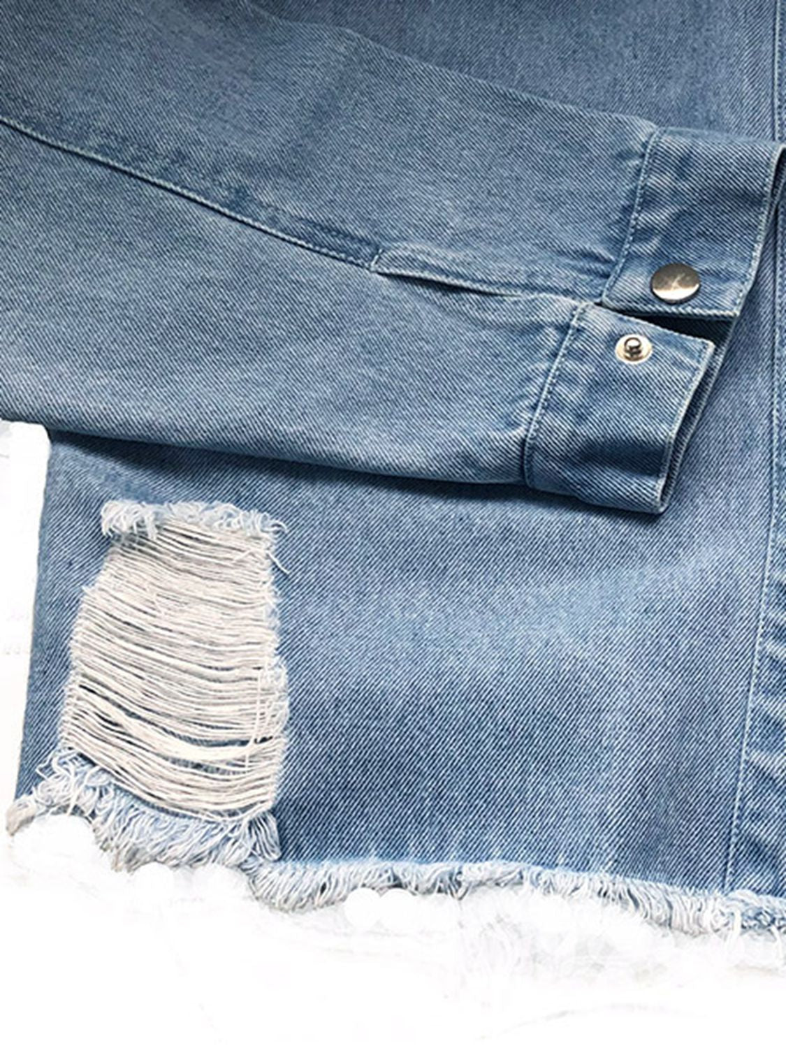 Raw Hem Collared Neck Long Sleeve Denim Jacket S-XL