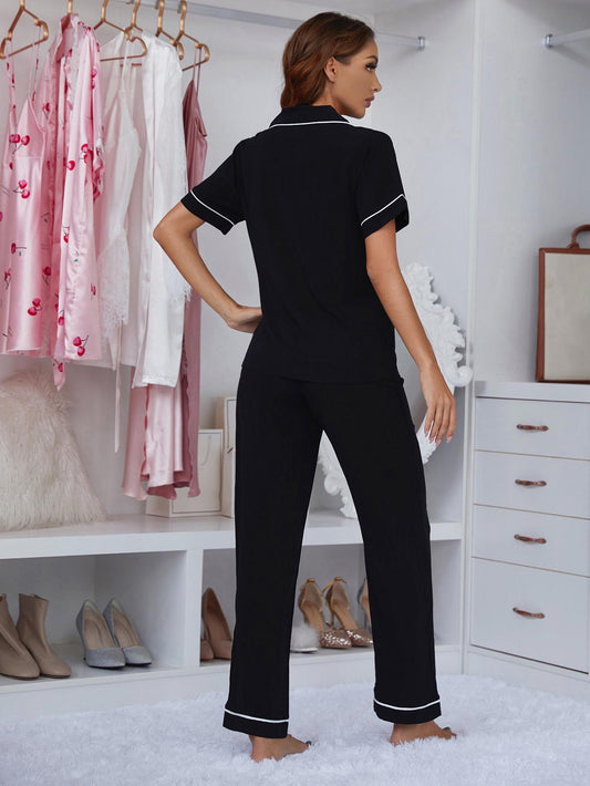 Contrast Piping Lapel Collar Short Sleeve Top and Pants Pajama Set S-XL