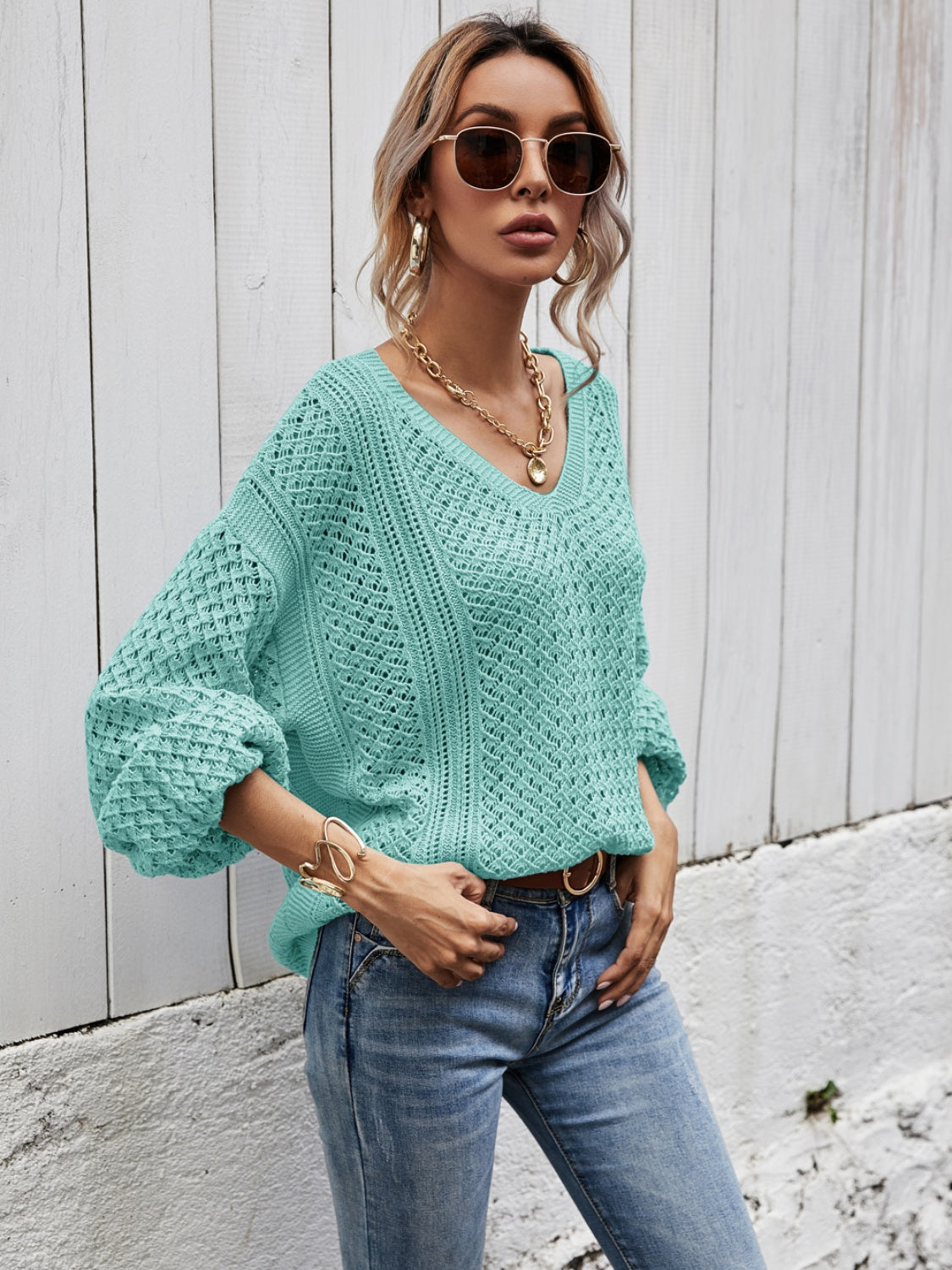 Angel Wings V-Neck Dropped Shoulder Sweater S-XL