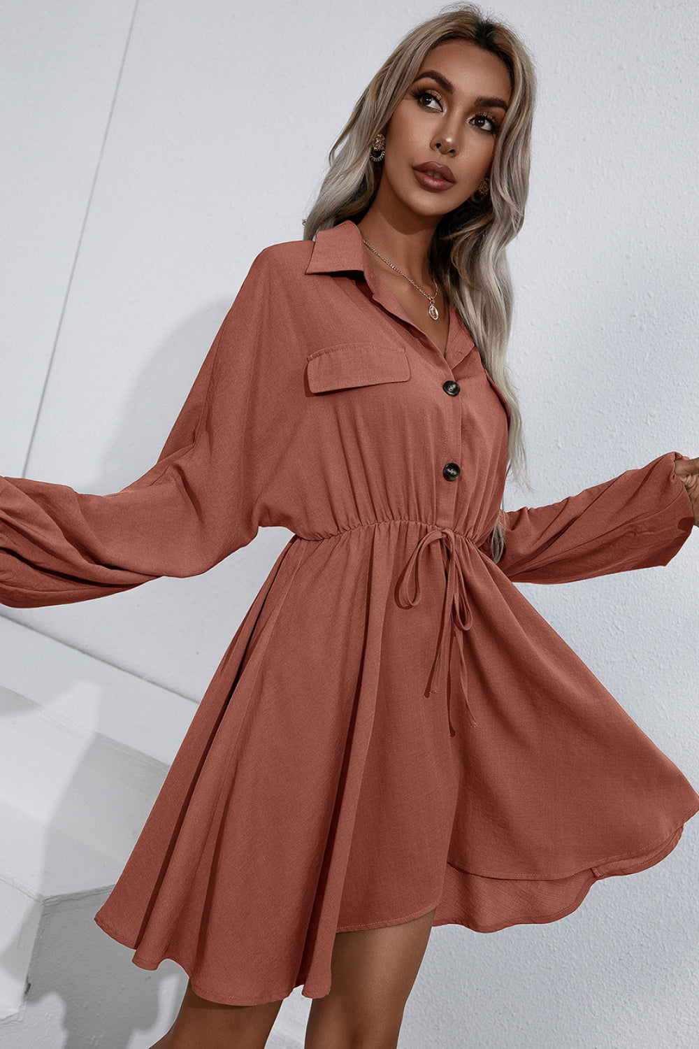 Ivy Lane Collared Tie Waist Button Up Shirt Dress S-XL