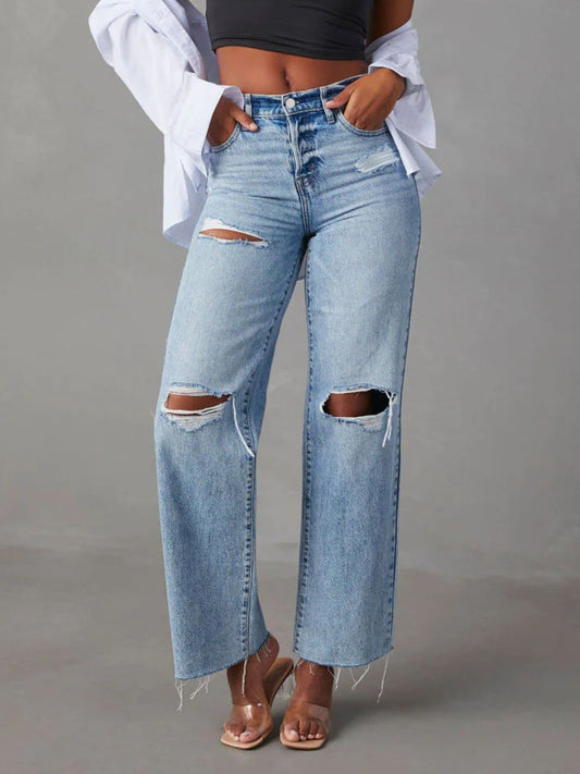 Distressed Straight Leg Jeans with Pockets S-2XL