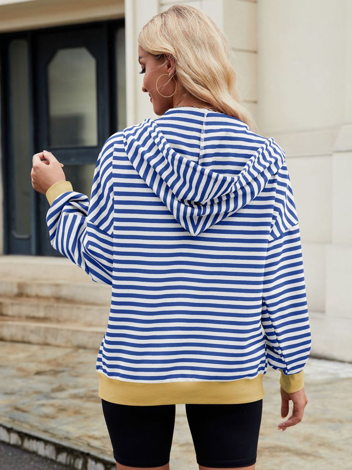Drawstring Striped Zip Up Long Sleeve Hoodie S-2XL
