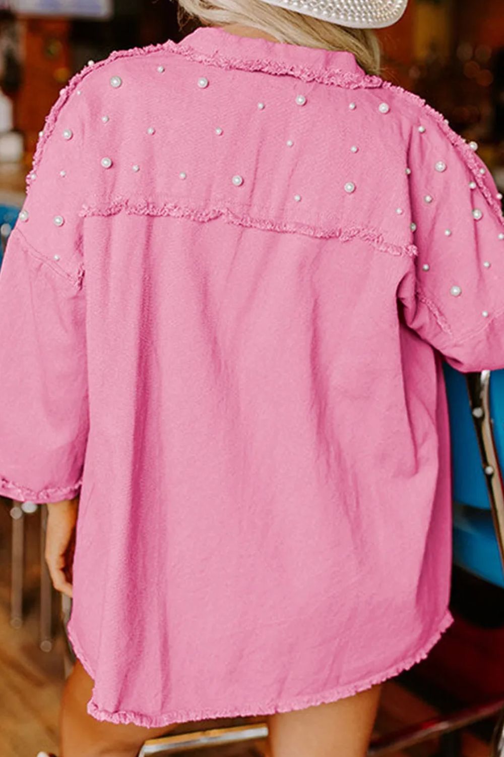 Raw Hem Pearl Trim Dropped Shoulder Denim Jacket S-XL