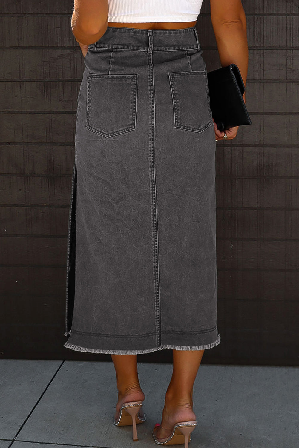 Raw Hem Slit Pocketed Midi Denim Skirt S-XL