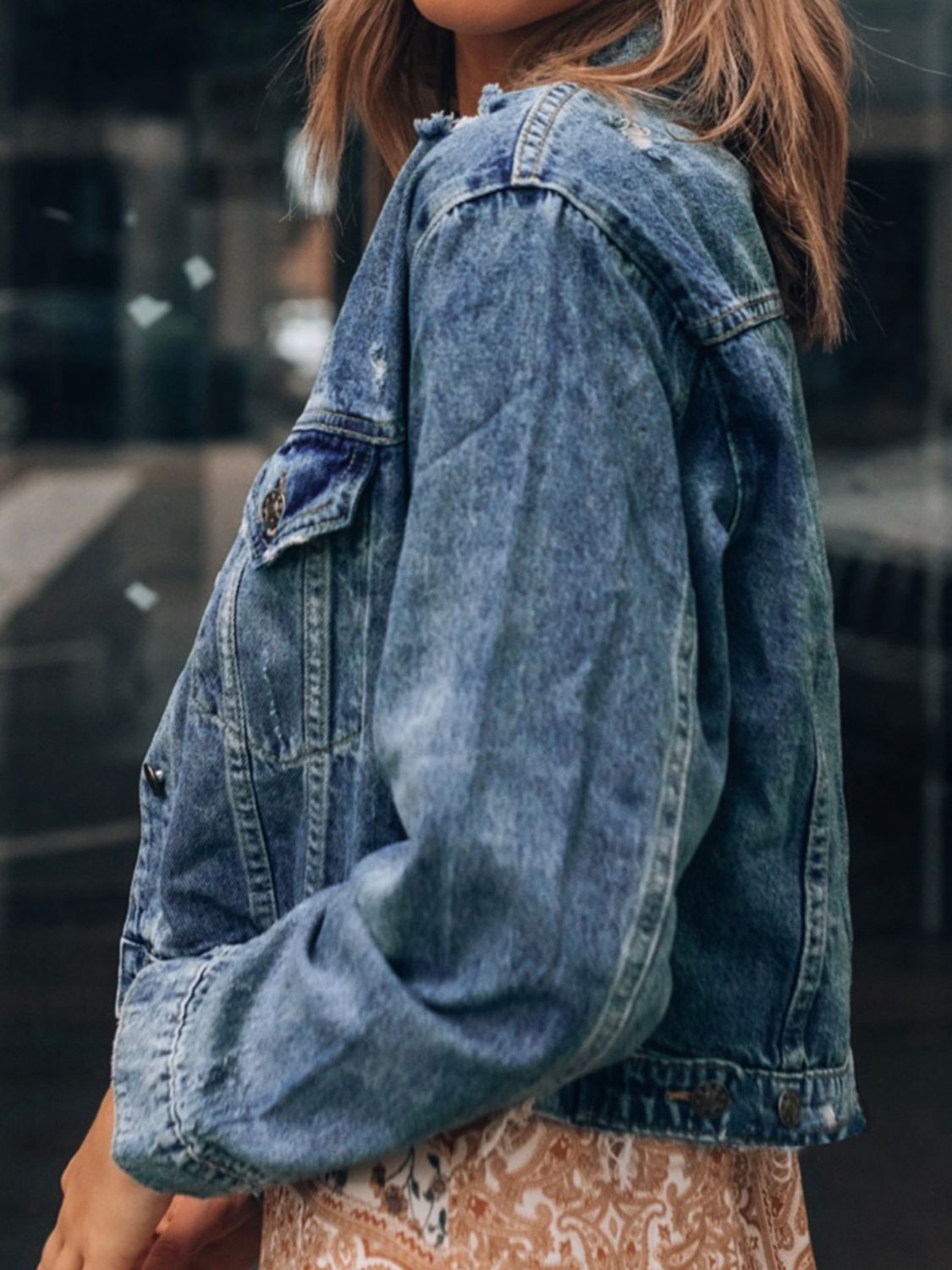 Button Up Collared Neck Distressed Denim Jacket S-2XL