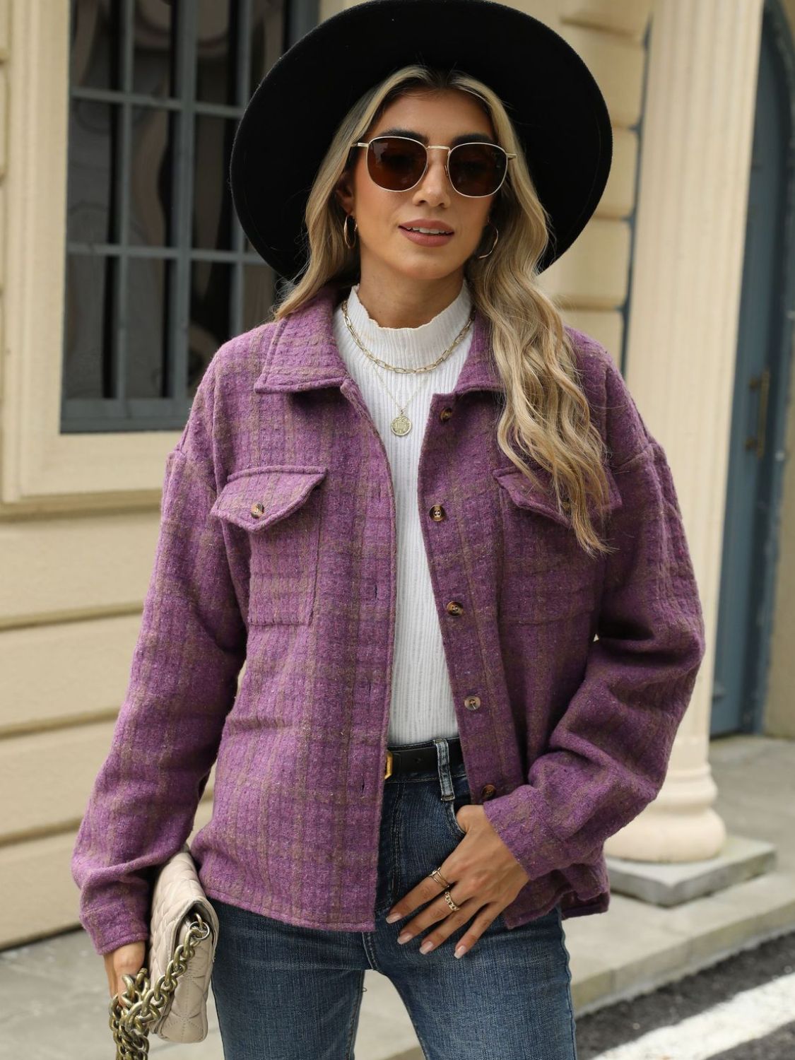 Plaid Collared Neck Long Sleeve Jacket S-XL