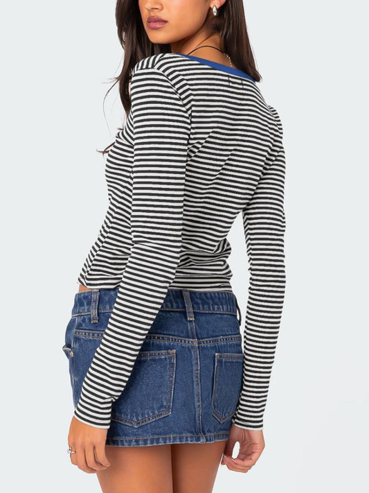 Buttoned Striped Long Sleeve T-Shirt Top S-XL