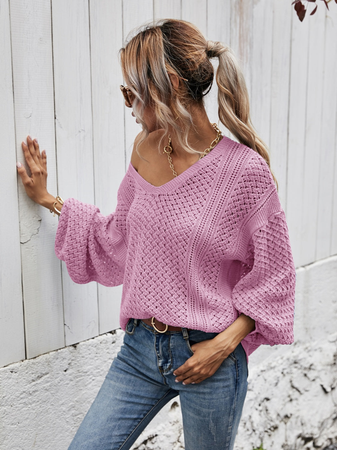 Angel Wings V-Neck Dropped Shoulder Sweater S-XL