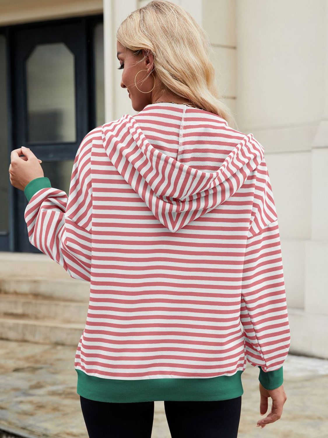 Drawstring Striped Zip Up Long Sleeve Hoodie S-2XL
