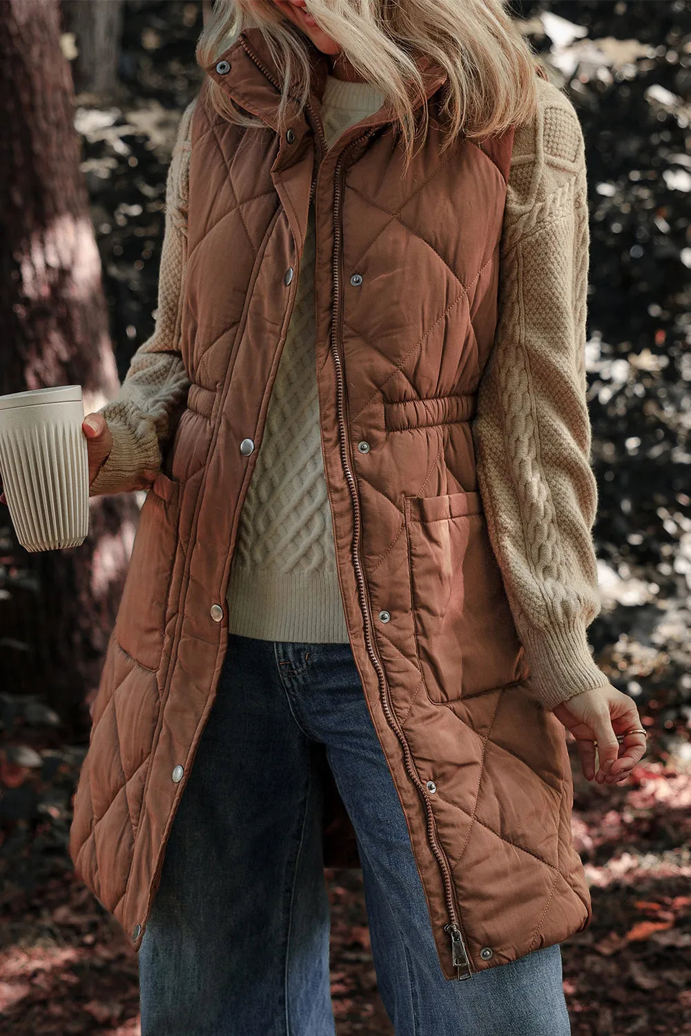 Pocketed Zipper and Button Vest Coat S-XL