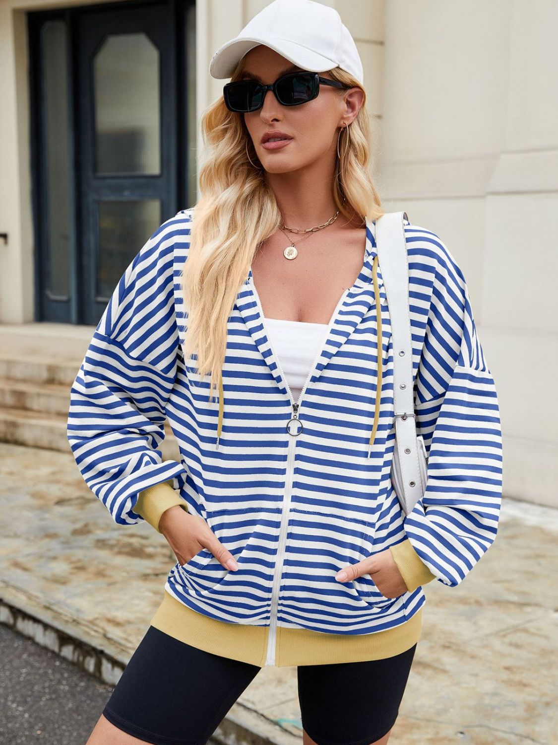 Drawstring Striped Zip Up Long Sleeve Hoodie S-2XL