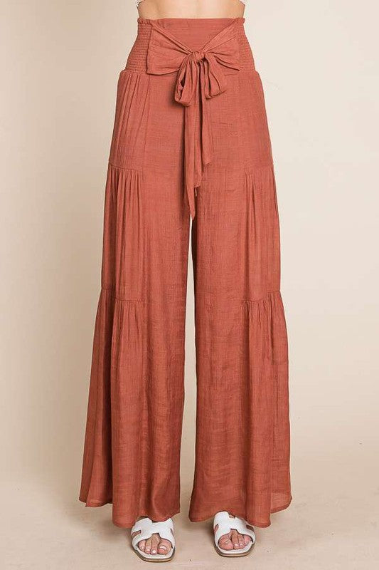 Tie front ruched waist back pants Sizes 1X-3X