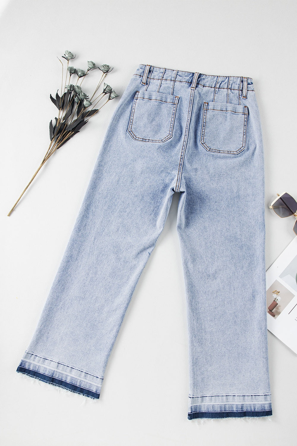 Raw Hem Straight Jeans with Pockets Size 8-16