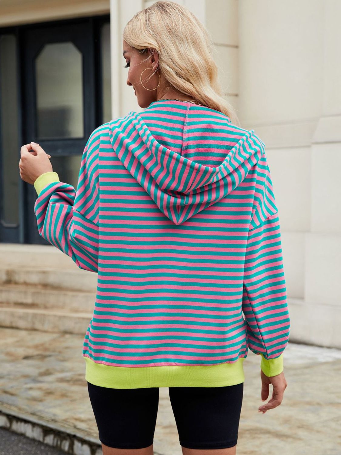 Drawstring Striped Zip Up Long Sleeve Hoodie S-2XL