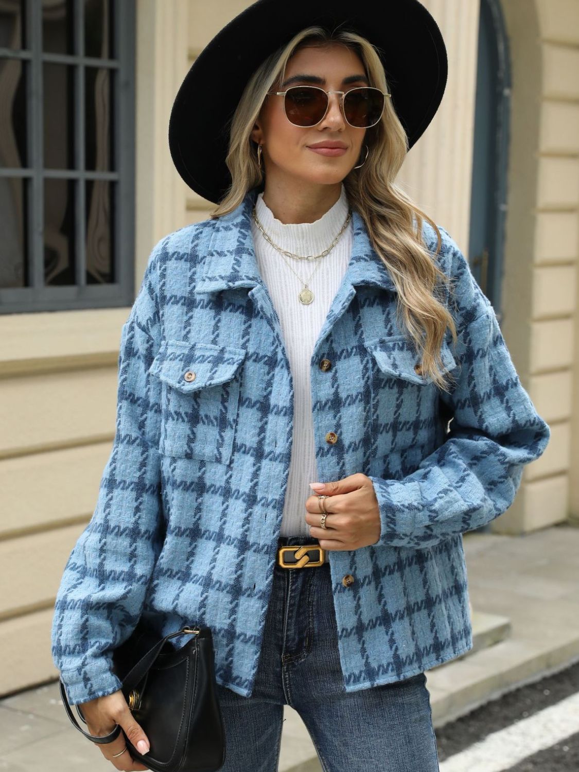 Plaid Collared Neck Long Sleeve Jacket S-XL