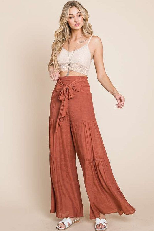 Tie front ruched waist back pants Sizes 1X-3X