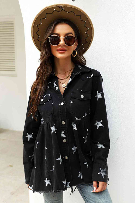 Collared Neck Star Print Long Sleeve Denim Jacket S-L