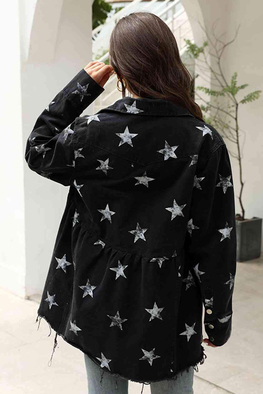 Collared Neck Star Print Long Sleeve Denim Jacket S-L