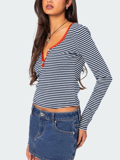 Buttoned Striped Long Sleeve T-Shirt Top S-XL