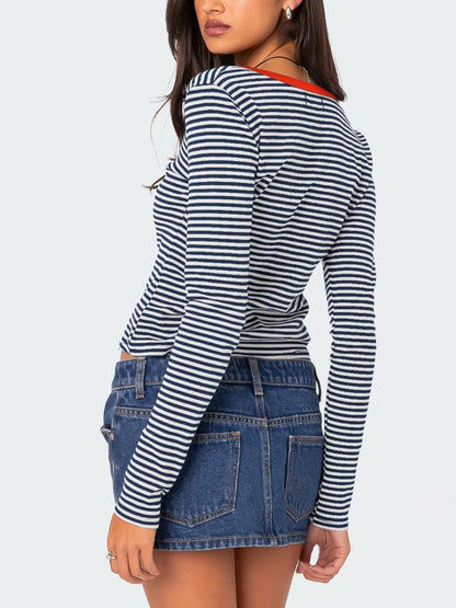 Buttoned Striped Long Sleeve T-Shirt Top S-XL
