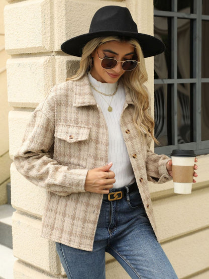Plaid Collared Neck Long Sleeve Jacket S-XL