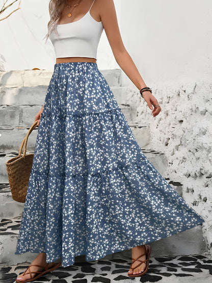 A women wearing a Tiered Floral Maxi Skirt.