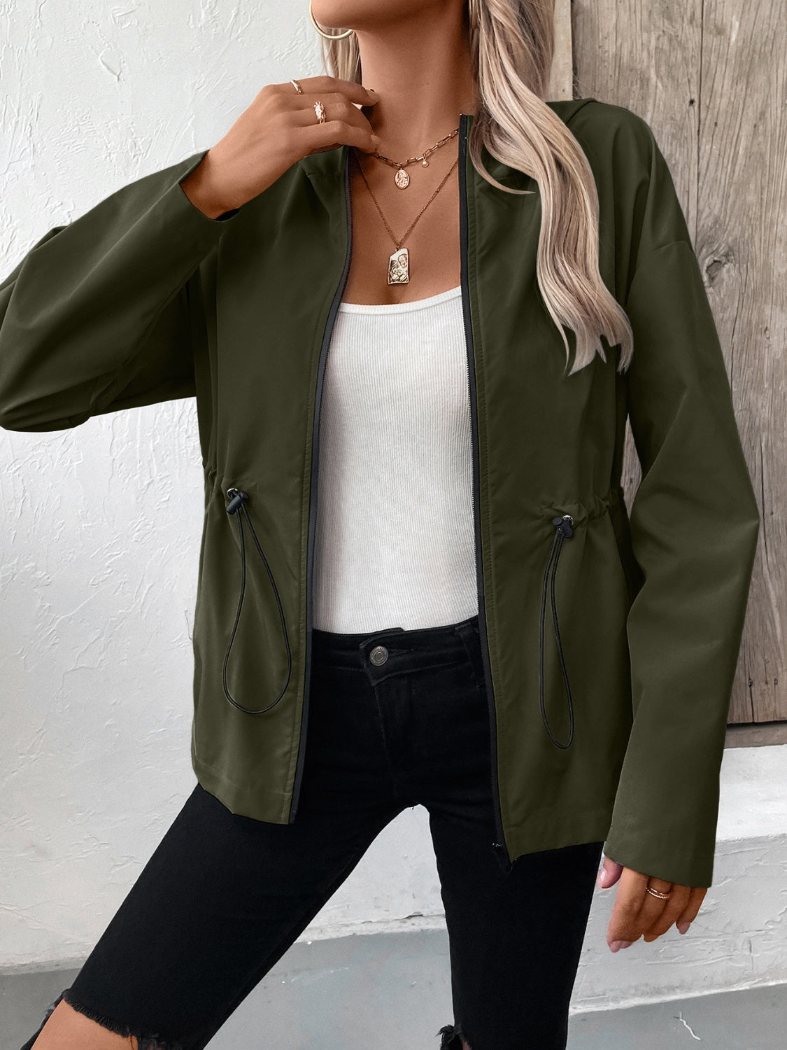 Ivy Lane Drawstring Zip Up Hooded Jacket S-2XL