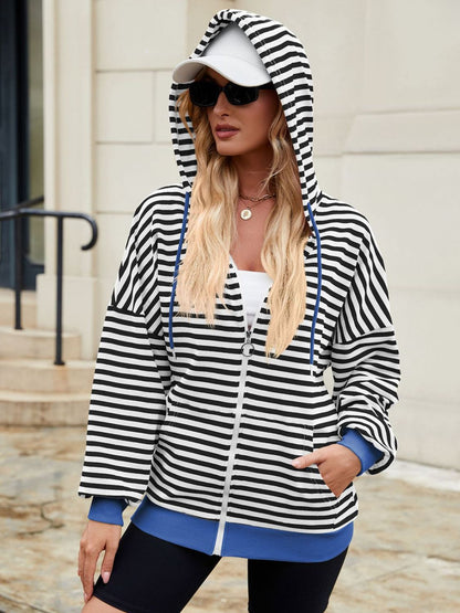 Drawstring Striped Zip Up Long Sleeve Hoodie S-2XL