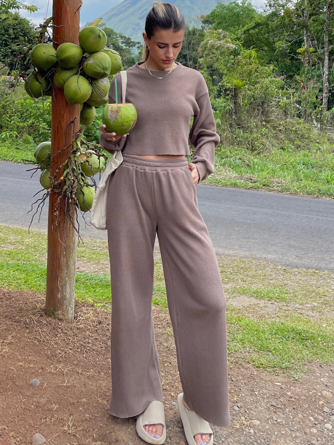 Waffle-Knit Round Neck Top and Pants Set S-XL