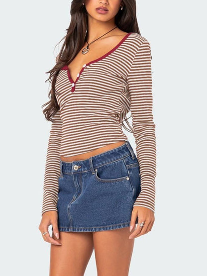 Buttoned Striped Long Sleeve T-Shirt Top S-XL