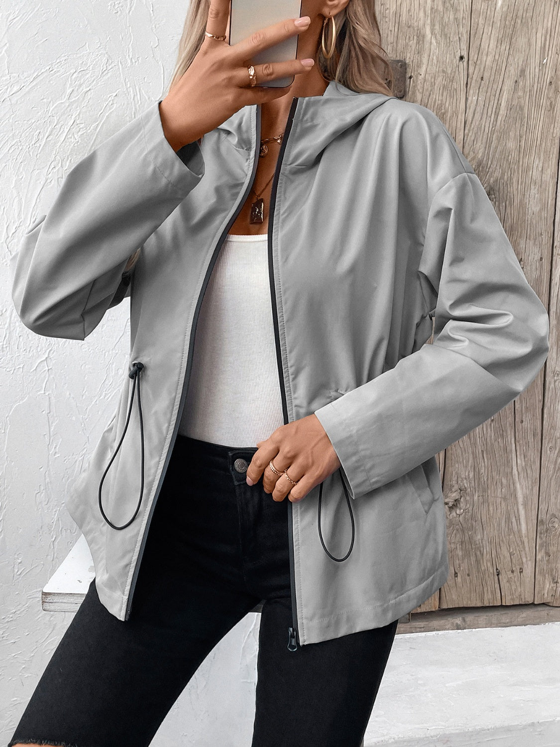 Ivy Lane Drawstring Zip Up Hooded Jacket S-2XL