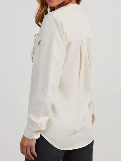 Collared Neck Roll-Tab Sleeve Denim Top S-2XL
