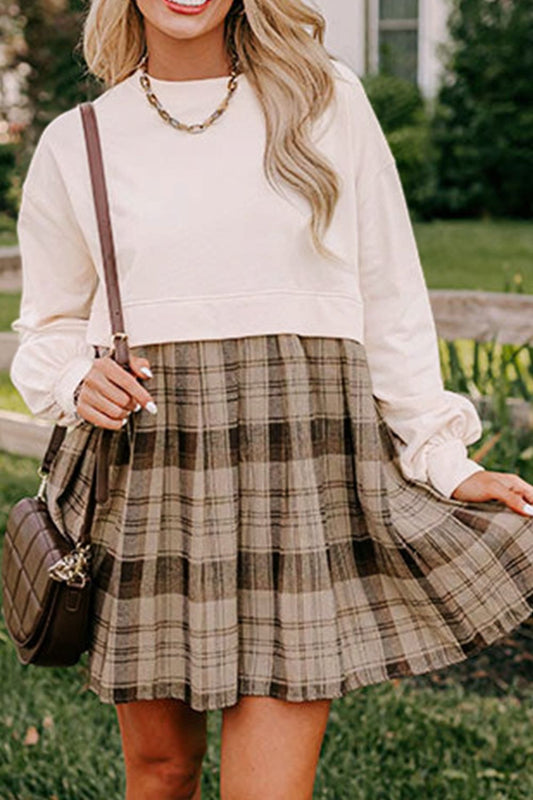 Plaid Round Neck Long Sleeve Mini Dress S-XL